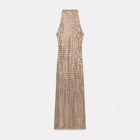 Zara Elegant Tan Mesh Halter sparkly maxi Dress - Picture 4 of 6